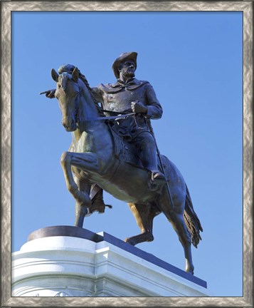 Framed Statue of Sam Houston pointing towards San Jacinto battlefield against blue sky, Hermann Park, Houston, Texas, USA Print