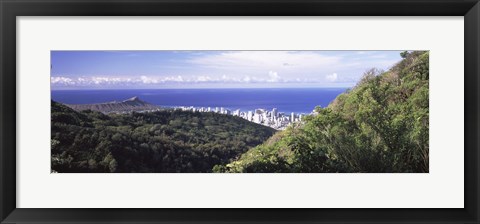 Framed Mountains with city at coast in the background, Honolulu, Oahu, Honolulu County, Hawaii, USA Print
