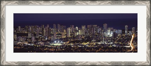 Framed High angle view of a city lit up at night, Honolulu, Oahu, Honolulu County, Hawaii Print