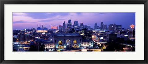 Framed Union Station at sunset with city skyline in background, Kansas City, Missouri Print