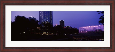 Framed Devon Tower and Crystal Bridge Tropical Conservatory at night, Oklahoma City, Oklahoma, USA Print