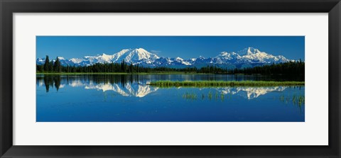 Framed Reflection Of Mountains In Lake, Mt Foraker And Mt Mckinley, Denali National Park, Alaska, USA Print
