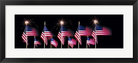 Framed US Flags And Fireworks Print