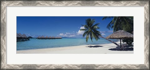 Framed Lounge chair under a beach umbrella, Moana Beach, Bora Bora, French Polynesia Print