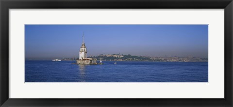 Framed Lighthouse in the sea with mosque in the background, Leander&#39;s Tower, Blue Mosque, Istanbul, Turkey Print