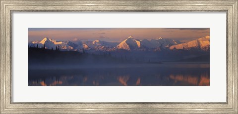 Framed Reflection of snow covered mountain range in the lake, Denali National Park, Alaska, USA Print