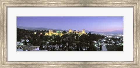 Framed High angle view of a castle lit up at dusk, Alhambra, Granada, Andalusia, Spain Print