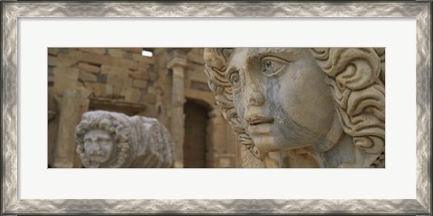 Framed Close-up of statues in an old ruined building, Leptis Magna, Libya Print