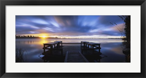 Framed Panoramic view of a pier at dusk, Vuoksi River, Imatra, Finland Print