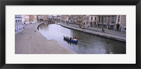 Framed High angle view of a boat in a river, Leie River, Graslei, Korenlei, Ghent, Belgium Print