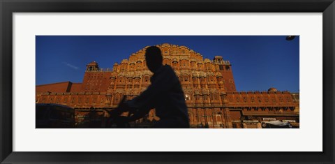Framed Silhouette of a person riding a motorcycle in front of a palace, Hawa Mahal, Jaipur, Rajasthan, India Print