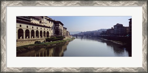 Framed Buildings along a river, Uffizi Museum, Ponte Vecchio, Arno River, Florence, Tuscany, Italy Print