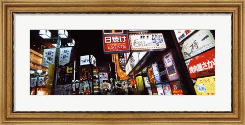 Framed Commercial signboards lit up at night in a market, Shinjuku Ward, Tokyo Prefecture, Kanto Region, Japan Print