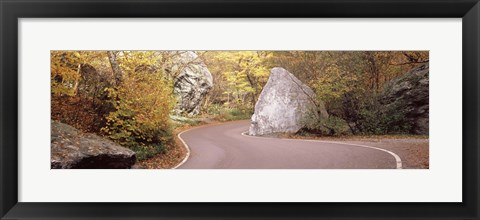 Framed Road curving around a big boulder, Stowe, Lamoille County, Vermont, USA Print