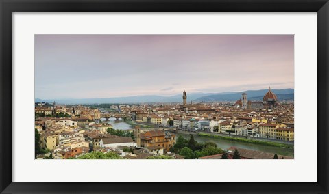 Framed Buildings in a city, Ponte Vecchio, Arno River, Duomo Santa Maria Del Fiore, Florence, Italy Print
