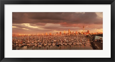 Framed Yachts at Waitemata Harbor on a cloudy day, Sky Tower, Auckland, North Island, New Zealand Print