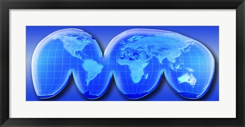 Framed Map of World from Goode&#39;s Homolosine Projection (blue) Print