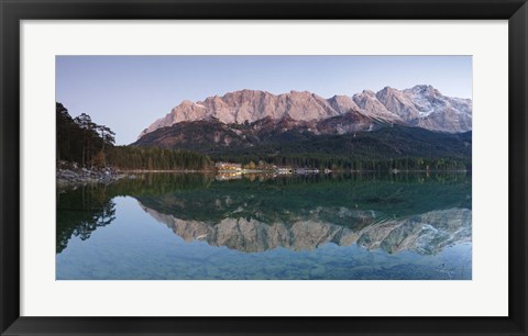 Framed Wetterstein Mountains, Zugspitze Mountain and Eibsee Hotel reflecting in Lake Eibsee, Bavaria, Germany Print