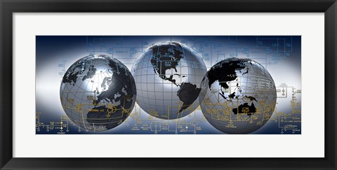 Framed Three globes with electronic diagram Print