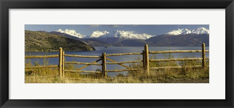 Framed Fence in front of a lake with mountains in the background, Lake General Carrera, Andes, Patagonia, Chile Print