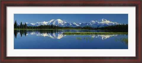 Framed Reflection Of Mountains In Lake, Mt Foraker And Mt Mckinley, Denali National Park, Alaska, USA Print