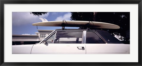 Framed California, Surf board on roof of car Print