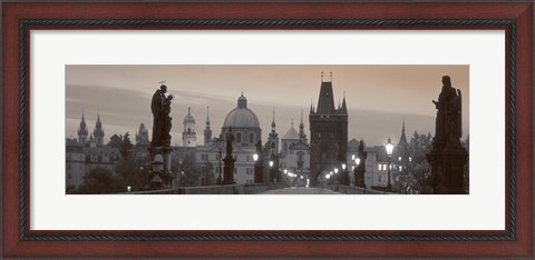 Framed Lit Up Bridge At Dusk, Charles Bridge, Prague, Czech Republic (black and white) Print