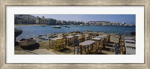 Framed Tables and chairs in a cafe, Greece Print