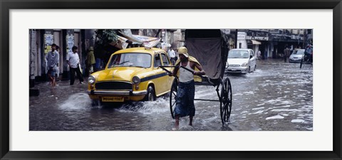 Framed Cars and a rickshaw on the street, Calcutta, West Bengal, India Print