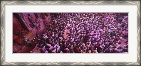 Framed High angle view of people celebrating holi, Braj, Mathura, Uttar Pradesh, India Print