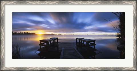 Framed Panoramic view of a pier at dusk, Vuoksi River, Imatra, Finland Print