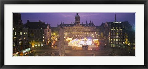 Framed High angle view of a town square lit up at dusk, Dam Square, Amsterdam, Netherlands Print