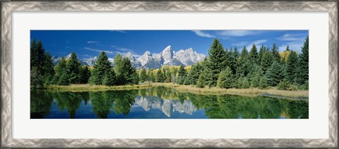 Framed Reflection of trees in water with mountains, Schwabachers Landing, Grand Teton, Grand Teton National Park, Wyoming, USA Print