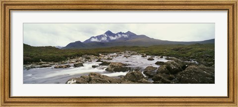 Framed River Sligachan, distant mountain in mist, Glen Sligachan, Isle of Skye, Scotland. Print