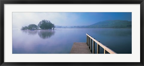 Framed Lake with mountains in the background, Llangorse Lake, Brecon Beacons, Brecon Beacons National Park, Wales Print