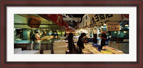 Framed Customers buying fish in a fish market, Tsukiji Fish Market, Tsukiji, Tokyo Prefecture, Kanto Region, Japan Print