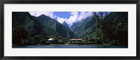 Framed Mountains and buildings on the coast, Tahiti, French Polynesia Print