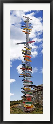 Framed Sign post showing distances to various countries, Stanley, Falkland Islands Print