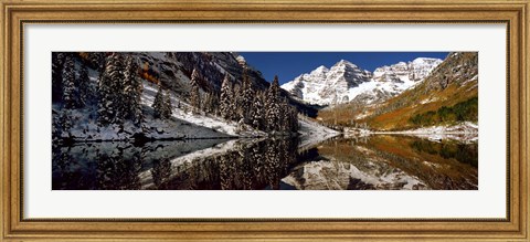 Framed Reflection of snowy mountains in the lake, Maroon Bells, Elk Mountains, Colorado, USA Print