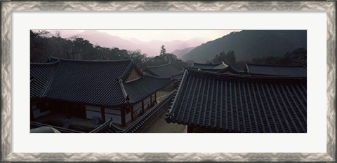 Framed Buddhist temple with mountain range in the background, Kayasan Mountains, Haeinsa Temple, Gyeongsang Province, South Korea Print
