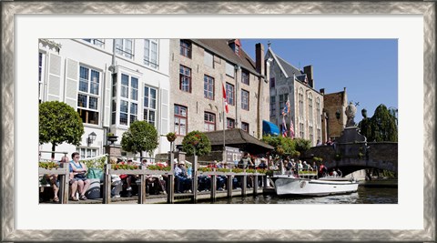Framed Tourists at the canalside, Bruges, West Flanders, Belgium Print