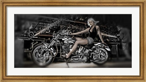 Framed Female model with a motorcycle in a workshop Print