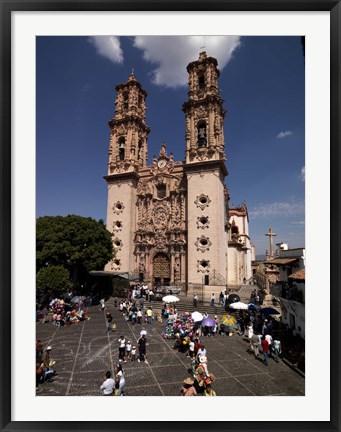 Framed Group of people in front of a cathedral, Santa Prisca Cathedral, Plaza Borda, Taxco, Guerrero, Mexico Print