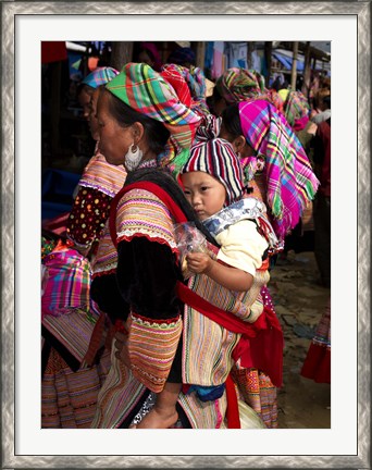 Framed Flower Hmong woman carrying baby on her back, Bac Ha Sunday Market, Lao Cai Province, Vietnam Print