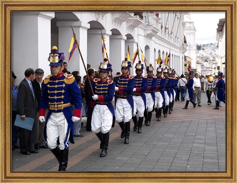 Framed Soldiers parade during changing of the guard ceremony, Plaza de La Independencia, Quito, Ecuador Print