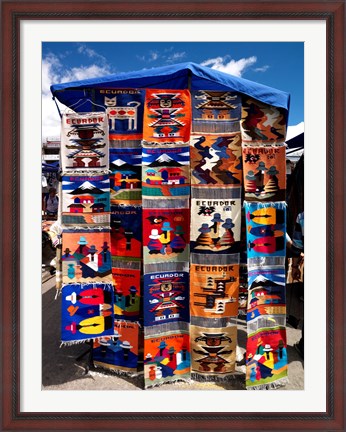 Framed Pillow covers for sale at a handicraft market, Otavalo, Imbabura Province, Ecuador Print
