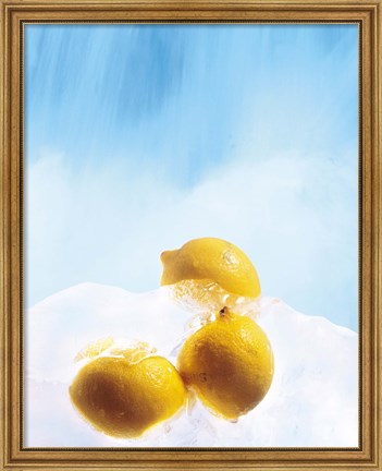 Framed Three lemons frozen in ice below ice blue sky Print