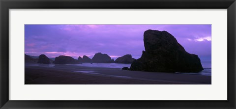 Framed Silhouette of rock formations in the sea against a pink sky, Myers Creek Beach, Oregon Print