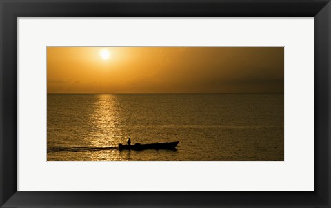 Framed Fishing boat in the sea at sunset, Negril, Westmoreland, Jamaica Print