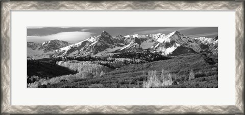 Framed Mountains covered with snow and fall colors, near Telluride, Colorado (black and white) Print